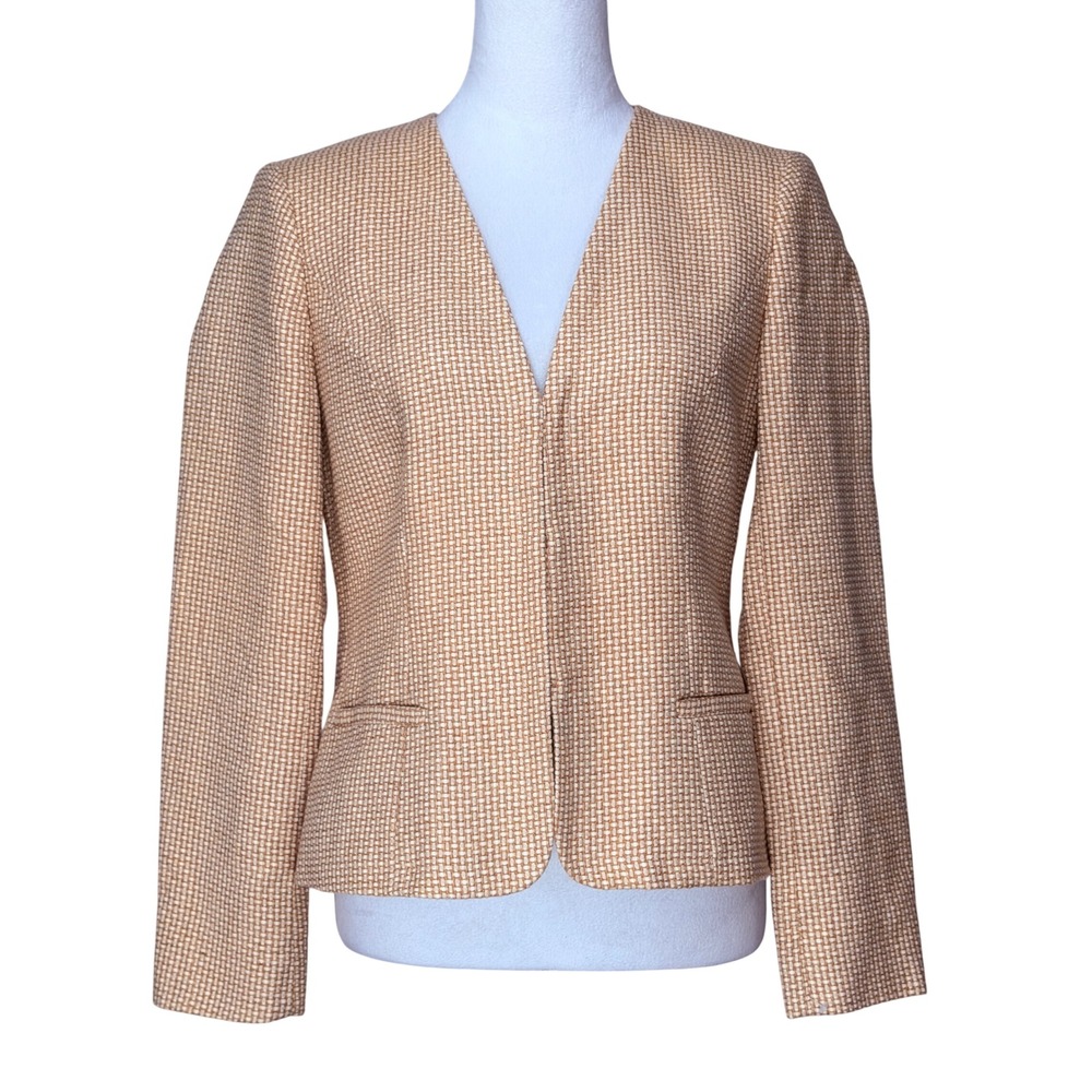 Jones New York Women Cotton Linen Blazer 8P Tan Basketweave Hook Eye Jacket